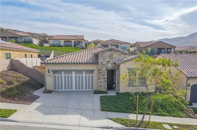11121 Fourleaf Ct, Corona, CA 92883 - mediterranean / spanish house with stucco siding, a tile roof, a residential view, a garage, and concrete driveway