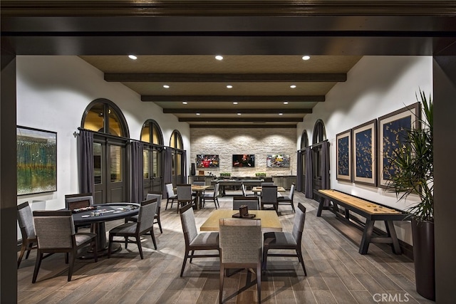 11121 Fourleaf Ct, Corona, CA 92883 - dining room with beam ceiling, dark wood-style floors, and recessed lighting