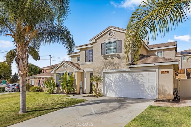 view of front of home with a front lawn and a garage