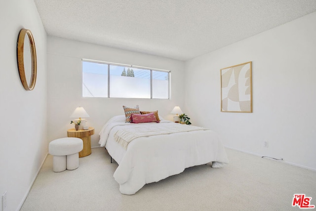 carpeted bedroom with a textured ceiling