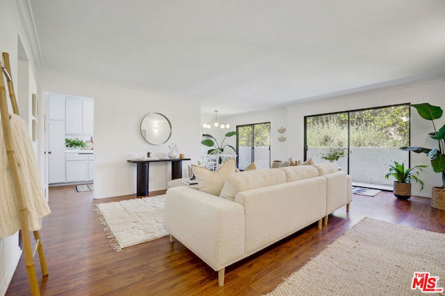 living room with an inviting chandelier, crown molding, and dark hardwood / wood-style floors