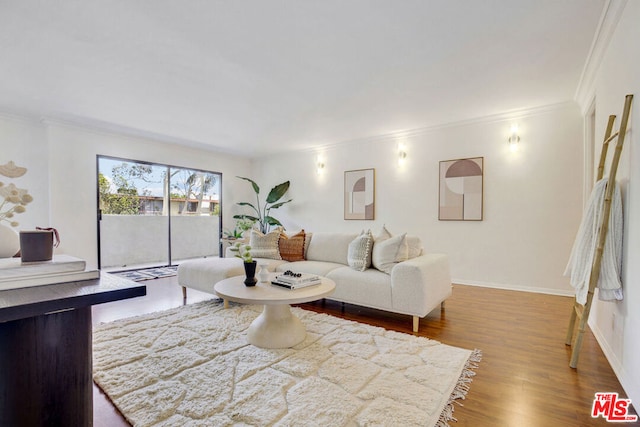 living room featuring crown molding and wood-type flooring