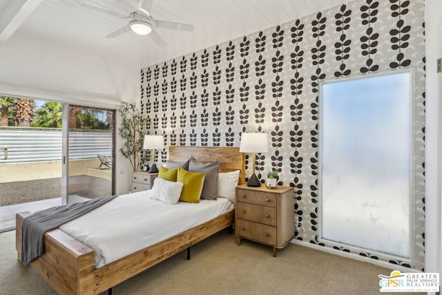 bedroom featuring ceiling fan, light carpet, and access to exterior