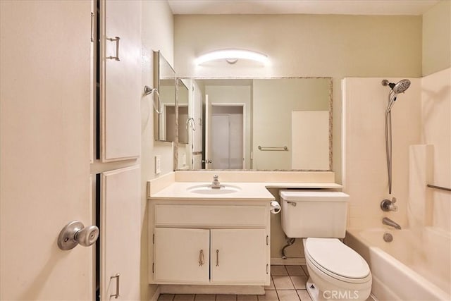 full bathroom with shower / bathtub combination, toilet, vanity, and tile patterned flooring