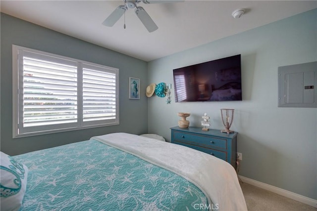 bedroom with ceiling fan, carpet flooring, and electric panel