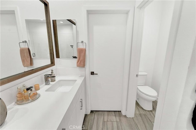 bathroom with a shower, vanity, and toilet