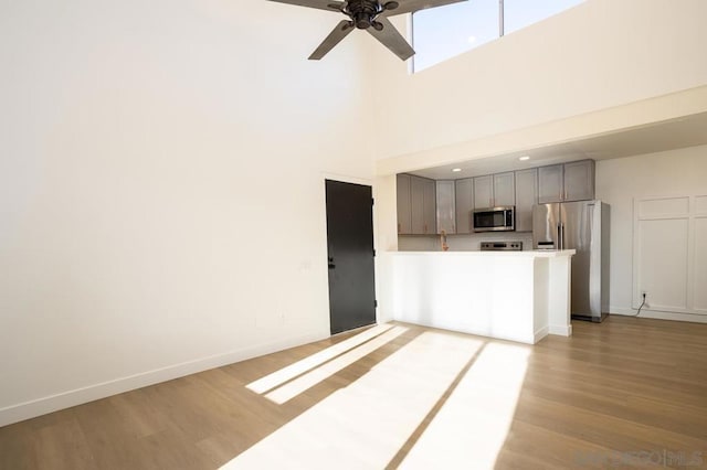 kitchen with ceiling fan, appliances with stainless steel finishes, gray cabinets, and light hardwood / wood-style floors