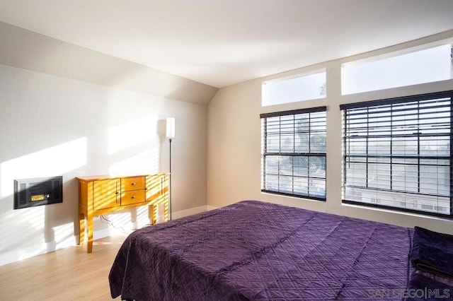 bedroom featuring lofted ceiling and wood-type flooring