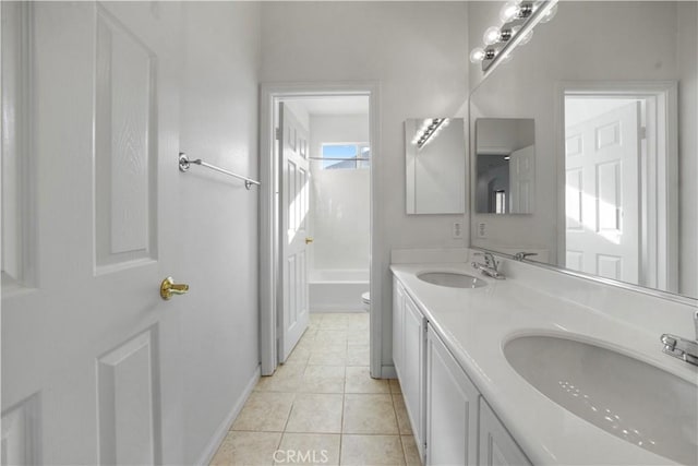 full bathroom featuring toilet, shower / bathtub combination, tile patterned floors, and vanity