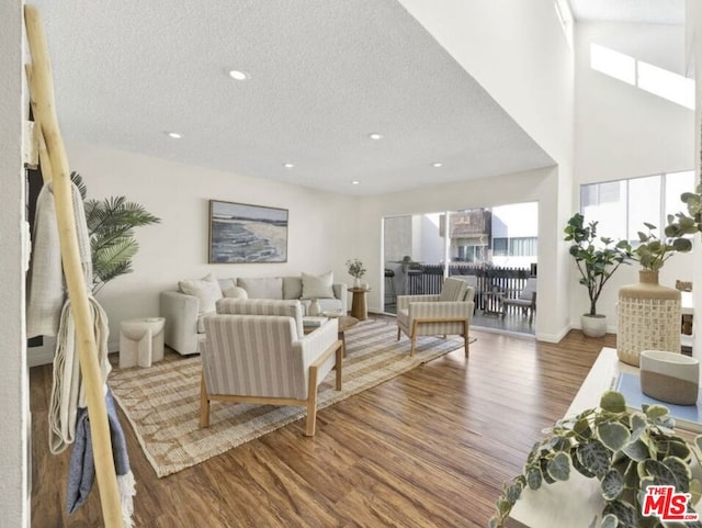 living room with a textured ceiling and hardwood / wood-style flooring