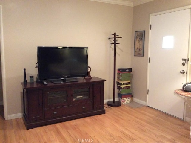 living room featuring crown molding and light hardwood / wood-style flooring