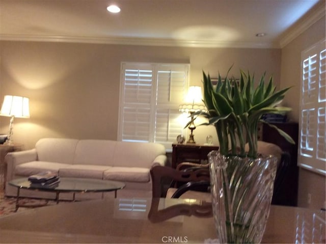 living room with ornamental molding