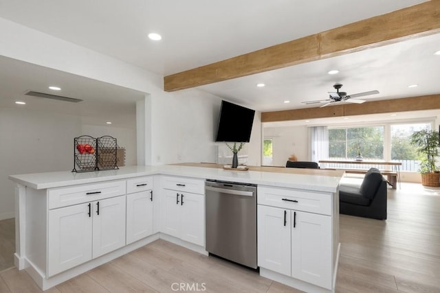 kitchen featuring ceiling fan, white cabinets, stainless steel dishwasher, and light hardwood / wood-style flooring