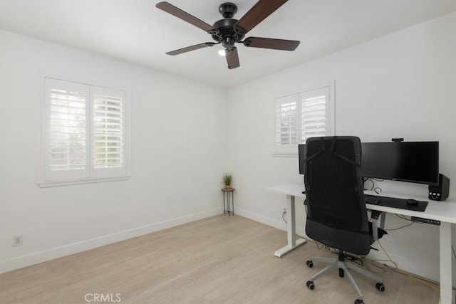 office featuring ceiling fan, a healthy amount of sunlight, and light wood-type flooring