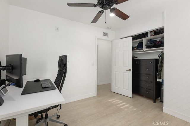 office area featuring ceiling fan and light hardwood / wood-style floors