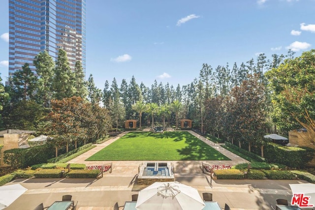 view of property's community with a patio area and a lawn