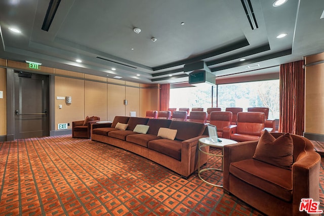 carpeted cinema room featuring a raised ceiling