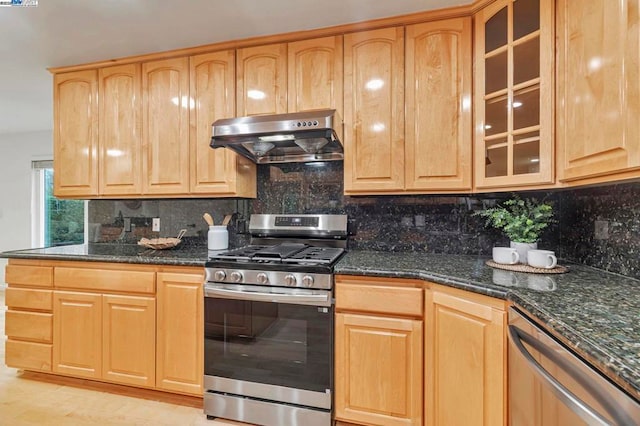 kitchen with tasteful backsplash, appliances with stainless steel finishes, range hood, and dark stone countertops