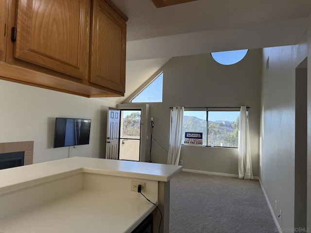 kitchen with carpet floors, kitchen peninsula, and a tile fireplace