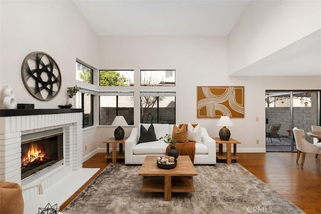 living room featuring dark wood-type flooring and a fireplace