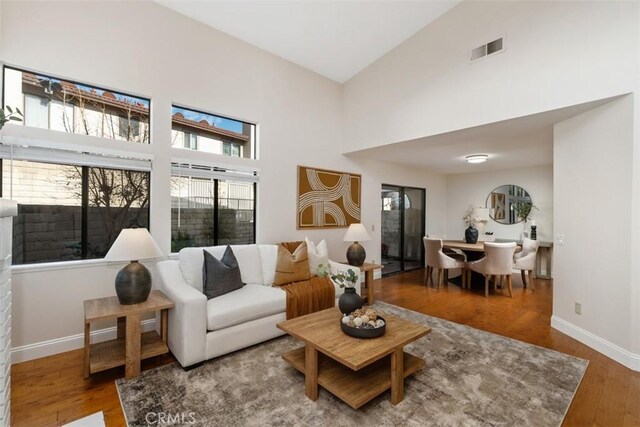 living room with a high ceiling and hardwood / wood-style floors