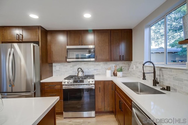 kitchen featuring tasteful backsplash, sink, stainless steel appliances, and light hardwood / wood-style floors