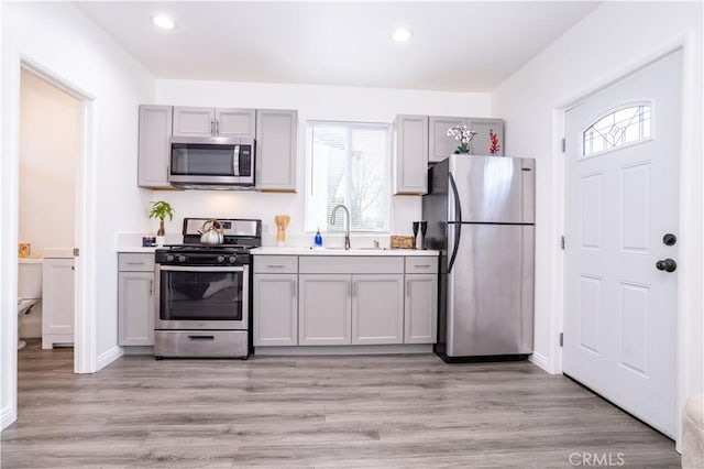 kitchen with appliances with stainless steel finishes, sink, gray cabinets, and light hardwood / wood-style floors