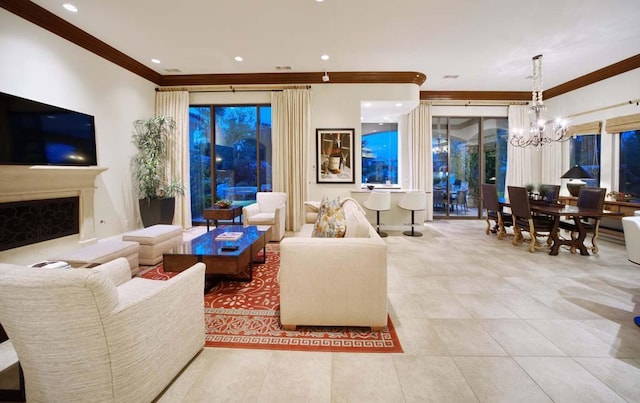 tiled living room featuring ornamental molding and a notable chandelier