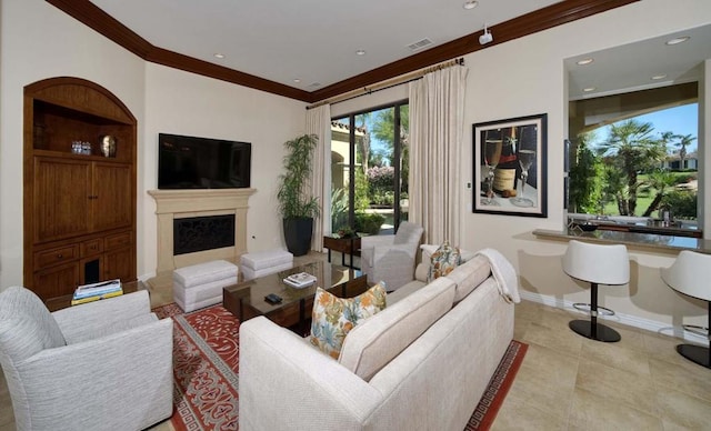 living room featuring ornamental molding