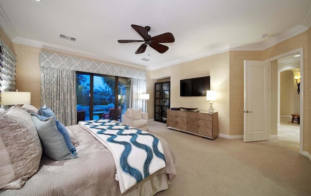 carpeted bedroom featuring ceiling fan, crown molding, and access to outside