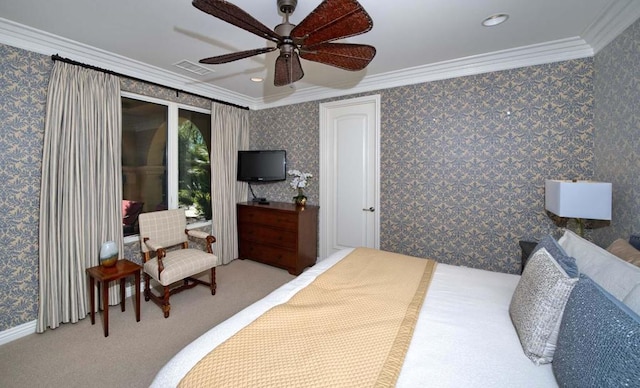 bedroom with ceiling fan, crown molding, and light carpet