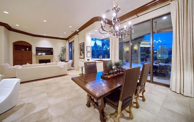 tiled dining space with an inviting chandelier and ornamental molding