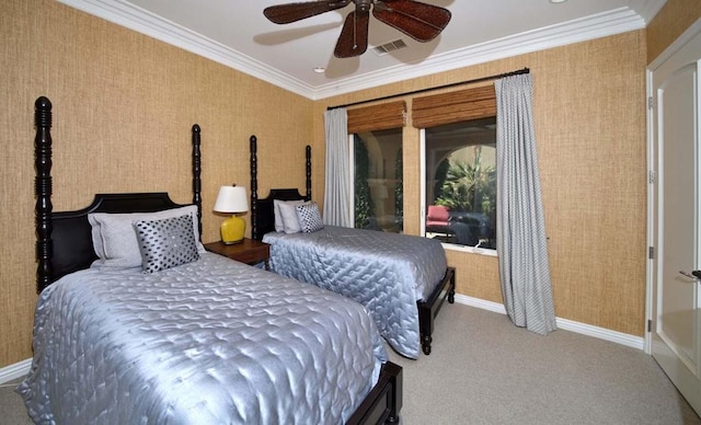 bedroom with carpet flooring, ceiling fan, and ornamental molding