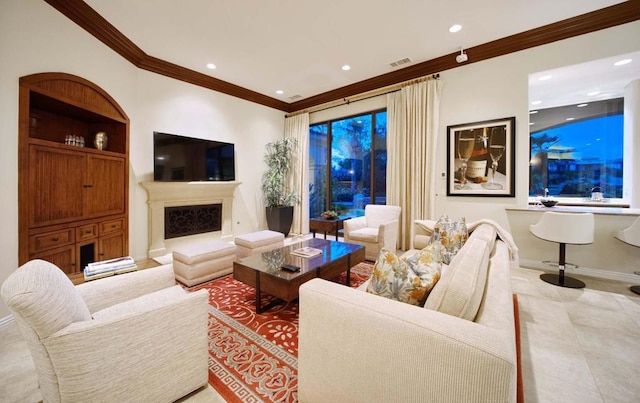 living room with ornamental molding