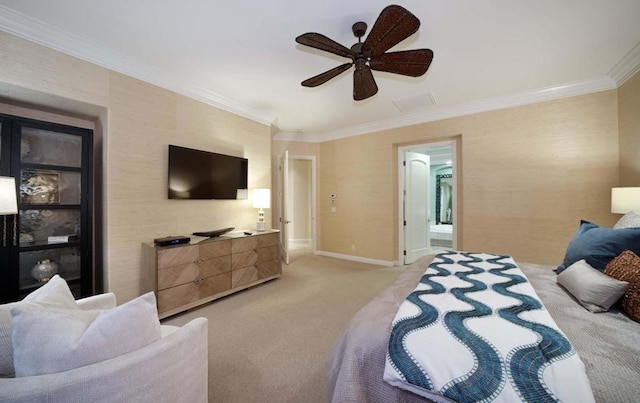 bedroom with ceiling fan, ornamental molding, ensuite bathroom, and light carpet