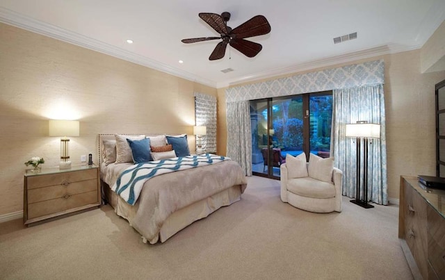 bedroom featuring access to exterior, ceiling fan, crown molding, and light carpet