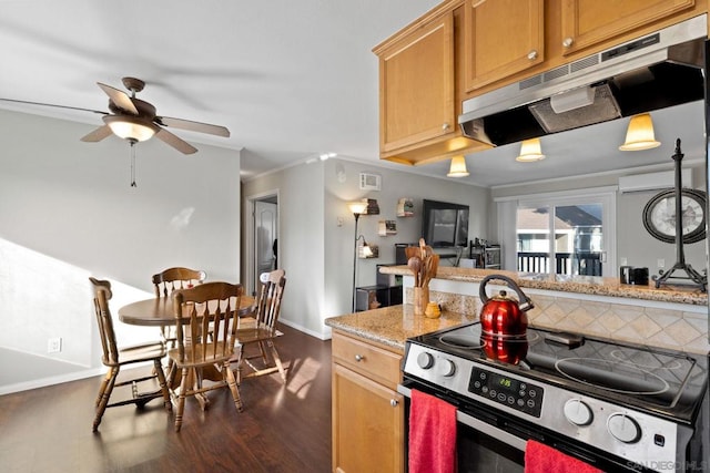 kitchen with dark hardwood / wood-style flooring, crown molding, ceiling fan, black range with electric stovetop, and light stone countertops