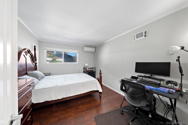 bedroom featuring a wall mounted air conditioner, wood-type flooring, and ornamental molding