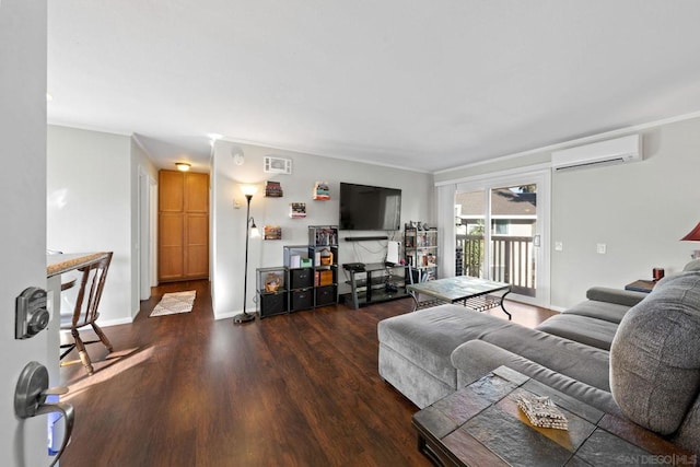 living room featuring dark hardwood / wood-style floors and a wall unit AC