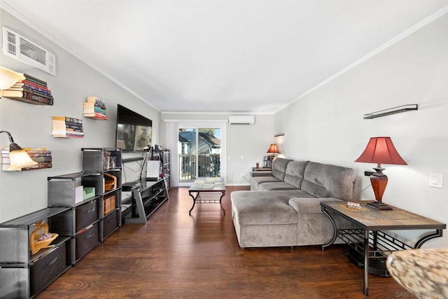 living room featuring ornamental molding, dark hardwood / wood-style flooring, and a wall mounted AC