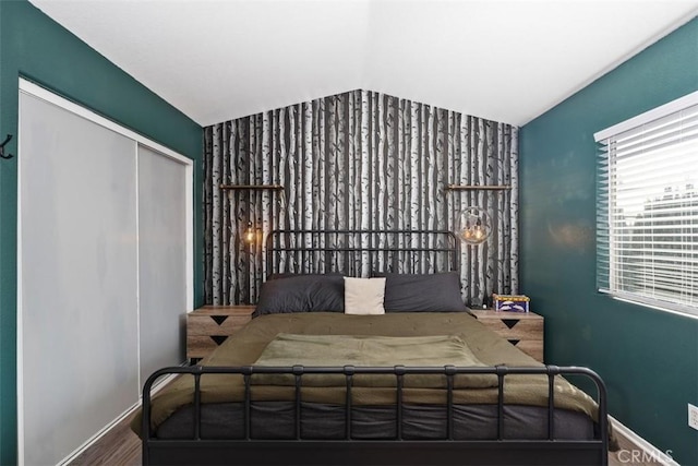 bedroom with wood-type flooring, a closet, and lofted ceiling