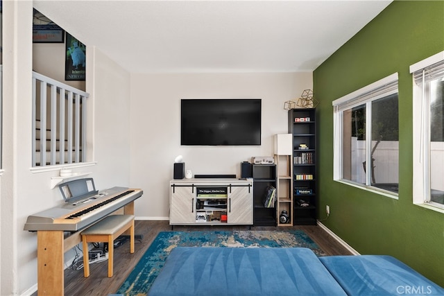 living room with dark hardwood / wood-style flooring