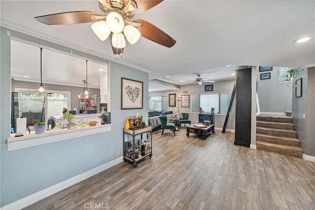 living room featuring ceiling fan, ornamental molding, and wood-type flooring