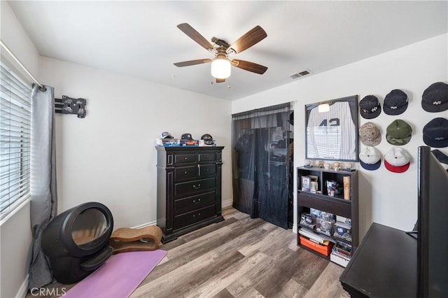 interior space featuring ceiling fan, plenty of natural light, and hardwood / wood-style floors