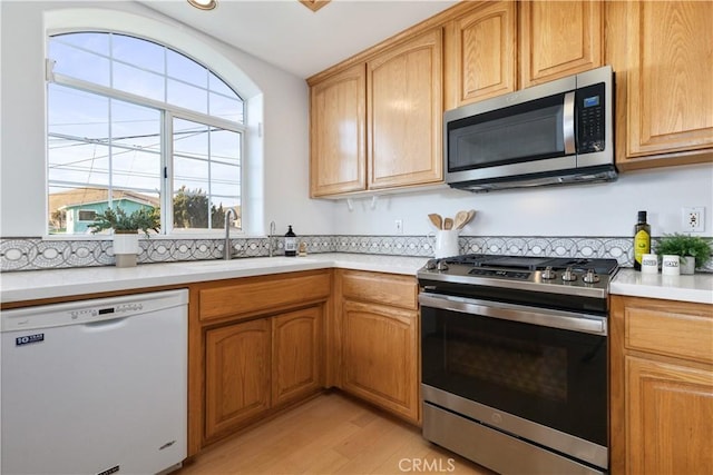 kitchen with appliances with stainless steel finishes, sink, and light wood-type flooring