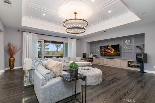 living room with dark wood-type flooring, crown molding, coffered ceiling, and a notable chandelier