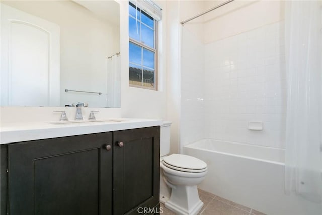 full bathroom with toilet, tile patterned flooring, vanity, and shower / bath combo with shower curtain