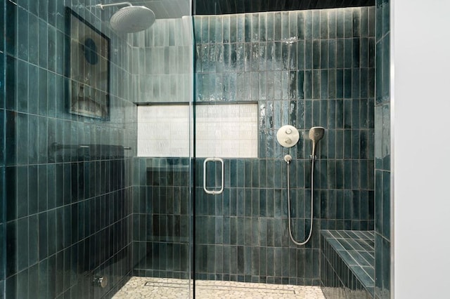 bathroom featuring a shower with shower door