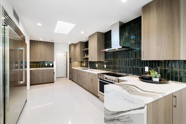 kitchen with backsplash, sink, a skylight, premium appliances, and wall chimney exhaust hood