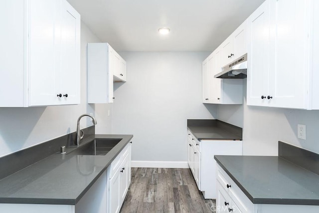 kitchen with sink, white cabinets, and dark hardwood / wood-style floors